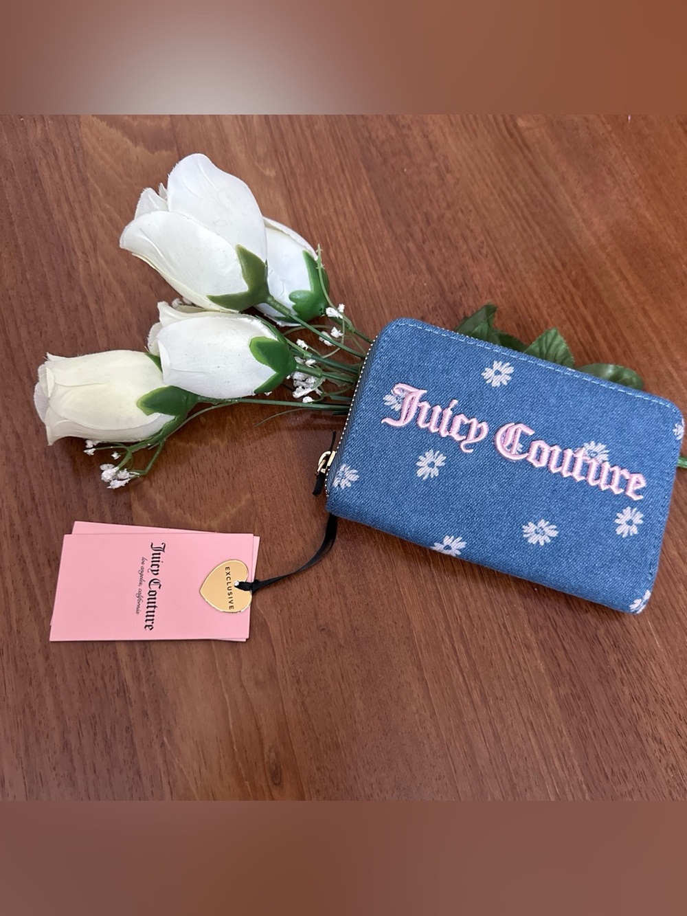 Juicy Couture Denim Blue Daisy Zip-Around Wallet with Pink Logo